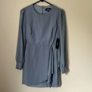 Lulus Much love light blue Swiss dot long sleeve tie front mini dress, XS